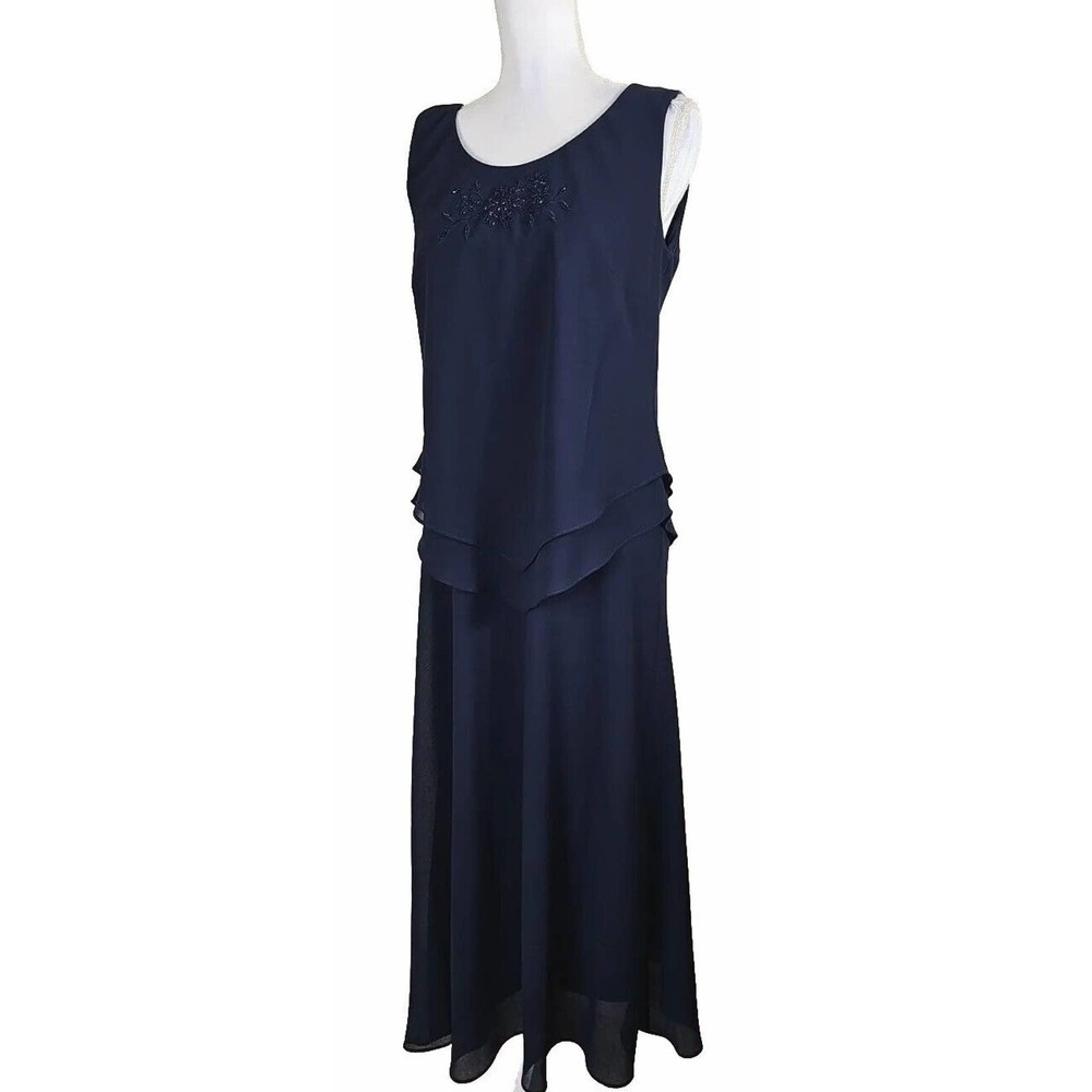R&M RICHARDS ~Woman Size 10~ Navy Blue Sleeveless Beaded Evening Maxi Dress.